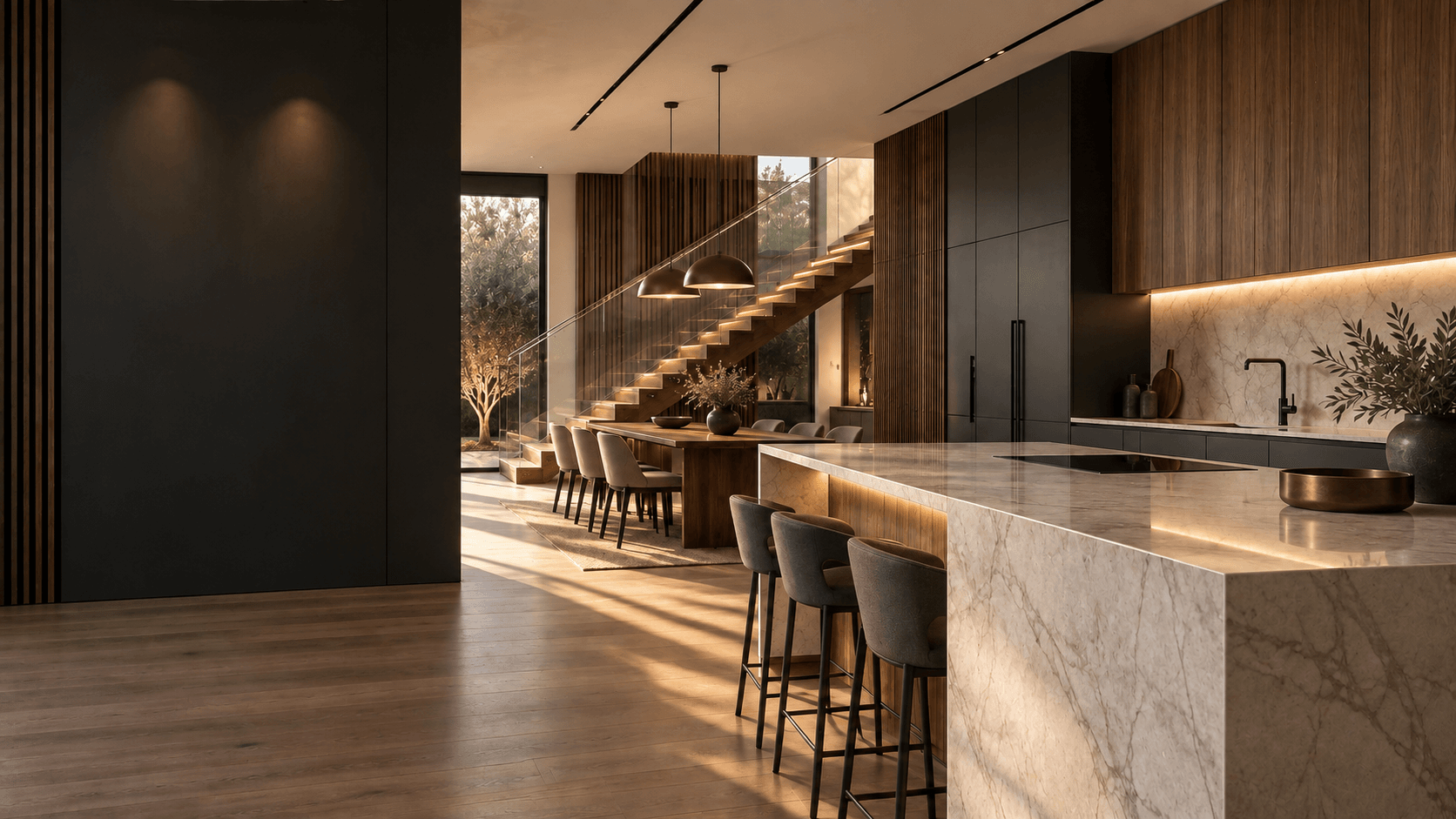 Interior contemporâneo em madeira e pedra